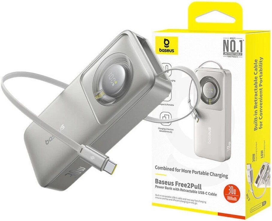 Внешний аккумулятор Baseus Free2Pull Power Bank with Retractable Cable 30W 10000mAh (серый)