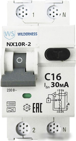 Дифференциальный автомат Wilderness NX10R 1P+N C16 30mA A 10kA NX10R-2-016C-030A